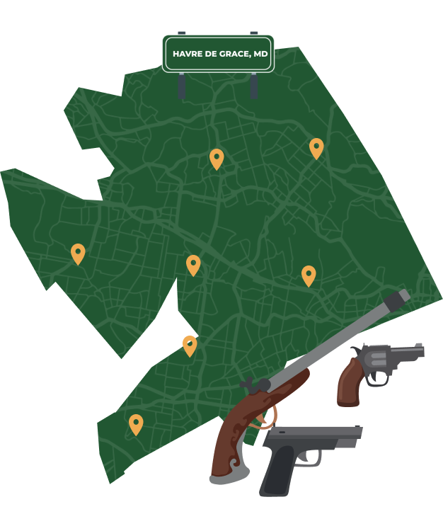 Picture of Havre de Grace, Maryland City Map with Havre de Grace sign on it and places that we buy guns from.