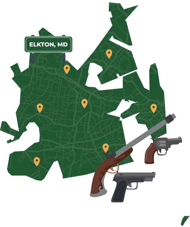 Picture of Elkton, Maryland City Map with Elkton sign on it and places that we buy guns from.