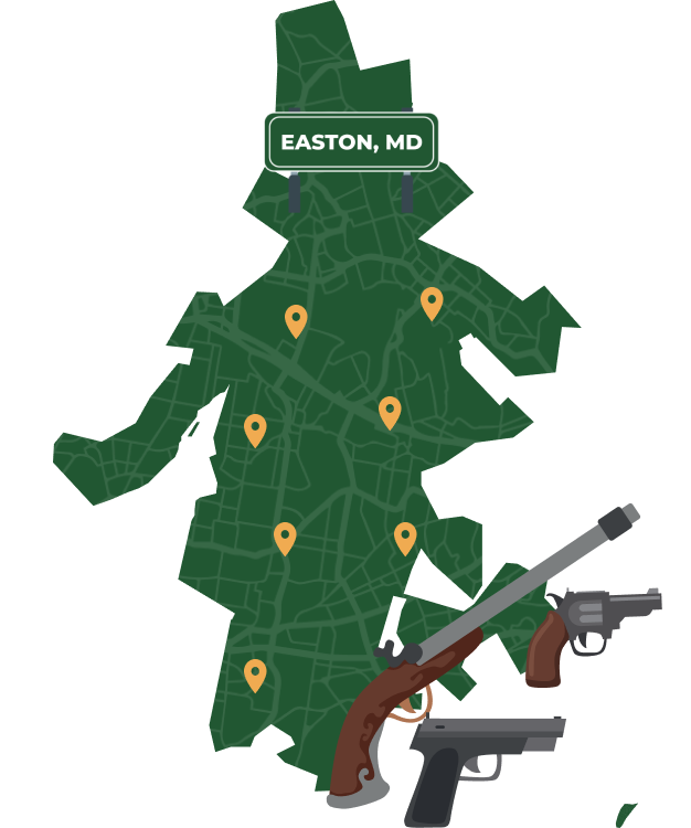 Picture of Easton, Maryland City Map with Easton sign on it and places that we buy guns from.