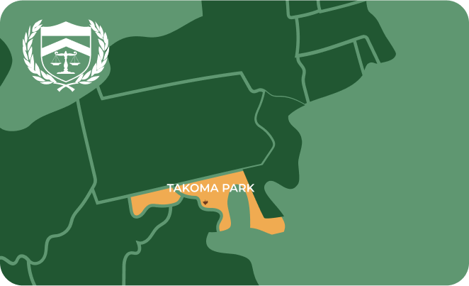 Picture of Takoma Park, Maryland City Map with Takoma Park sign on it and places that we buy guns from.