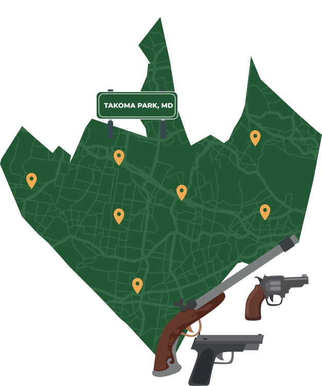 State map with Takoma Park, Maryland highlighted, showing that Cash for Arms purchases guns in Takoma Park