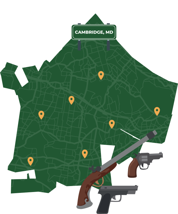 Picture of Cambridge, Maryland City Map with Cambridge sign on it and places that we buy guns from.