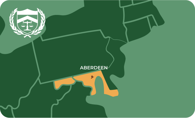 State map with Aberdeen, Maryland highlighted, showing that Cash for Arms purchases guns in Aberdeen