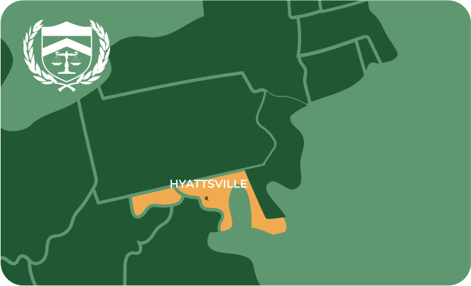 State map with Hyattsville, Maryland highlighted, showing that Cash for Arms purchases guns in Hyattsville
