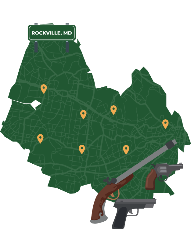 Picture of Rockville, Maryland City Map with Rockville sign on it and places that we buy guns from.
