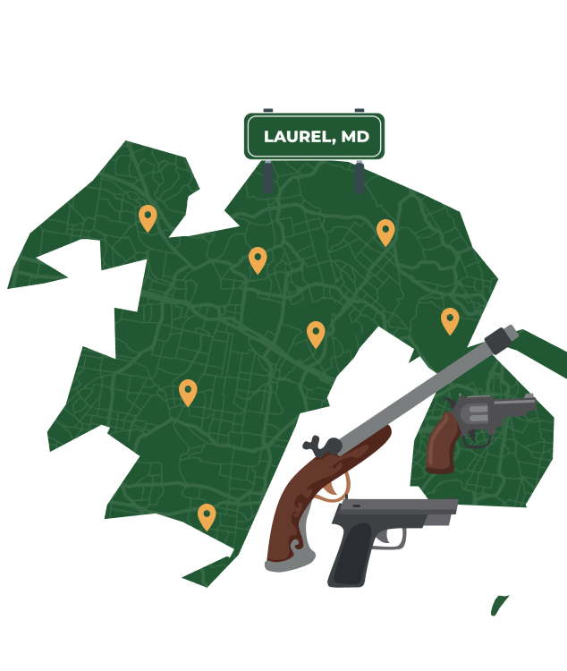 Picture of Laurel, Maryland City Map with Laurel sign on it and places that we buy guns from.
