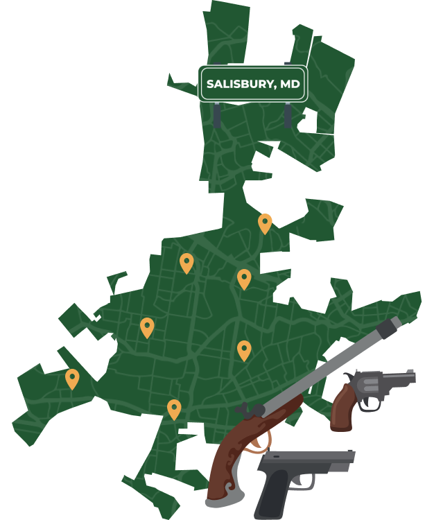 Picture of Salisbury, Maryland City Map with Salisbury sign on it and places that we buy guns from.