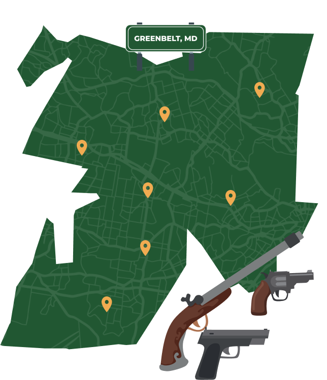 State map with Greenbelt, Maryland highlighted, showing that Cash for Arms purchases guns in Greenbelt