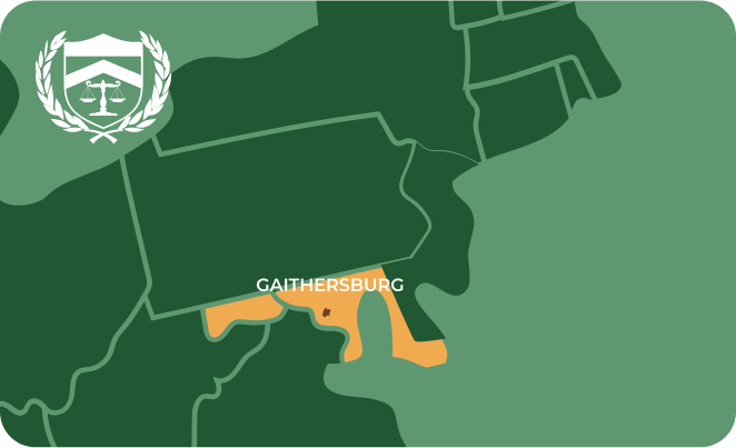 State map with Gaithersburg, Maryland highlighted, showing that Cash for Arms purchases guns in Gaithersburg