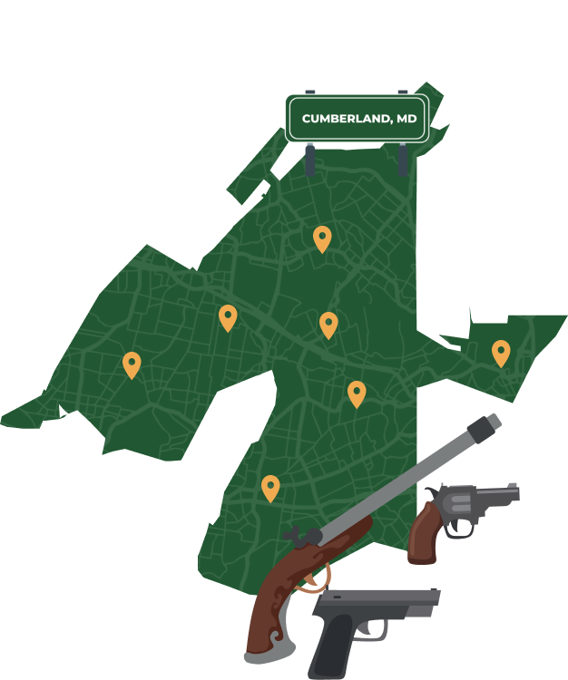 Picture of Cumberland, Maryland City Map with Cumberland sign on it and places that we buy guns from.