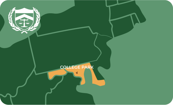 State map with College Park, Maryland highlighted, showing that Cash for Arms purchases guns in College Park
