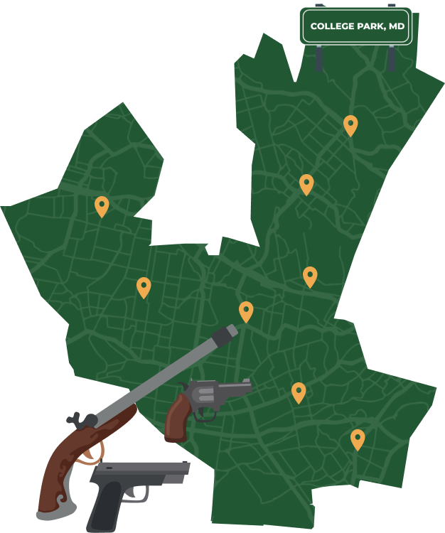Picture of College Park, Maryland City Map with College Park sign on it and places that we buy guns from.