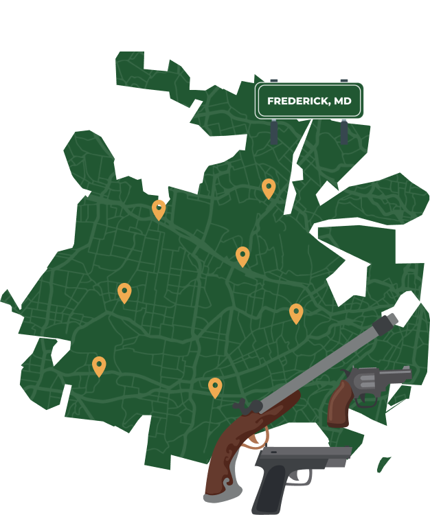 Picture of Frederick, Maryland City Map with Frederick sign on it and places that we buy guns from.