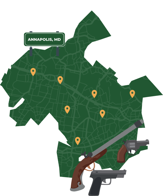 Picture of Annapolis, Maryland City Map with Annapolis sign on it and places that we buy guns from.