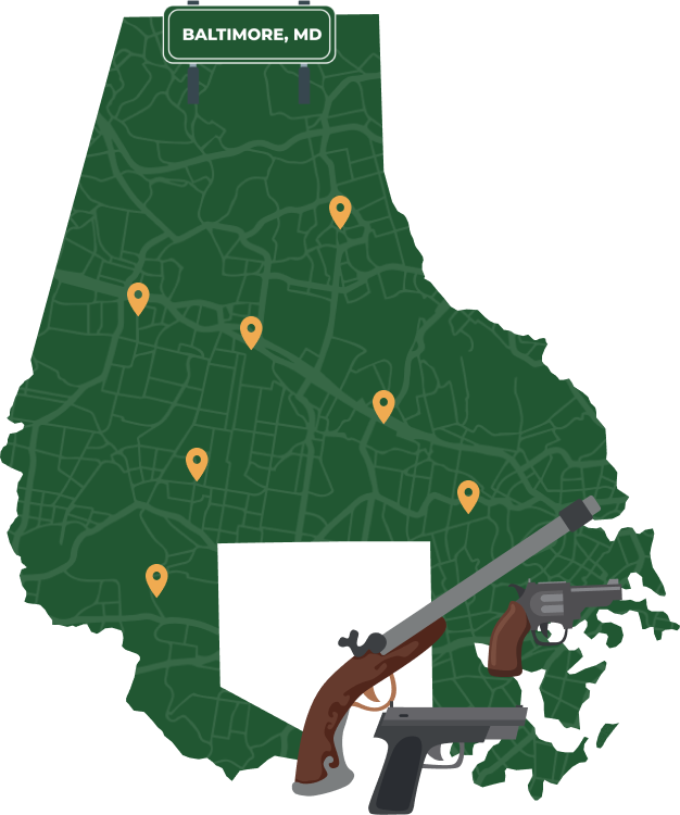 Picture of Baltimore, Maryland City Map with Baltimore sign on it and places that we buy guns from.