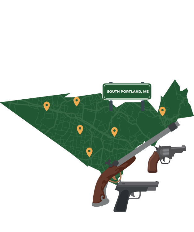 Picture of South Portland, Maine City Map with South Portland sign on it and places that we buy guns from.