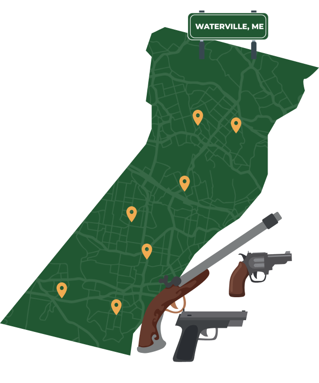 Picture of Waterville, Maine City Map with Waterville sign on it and places that we buy guns from.