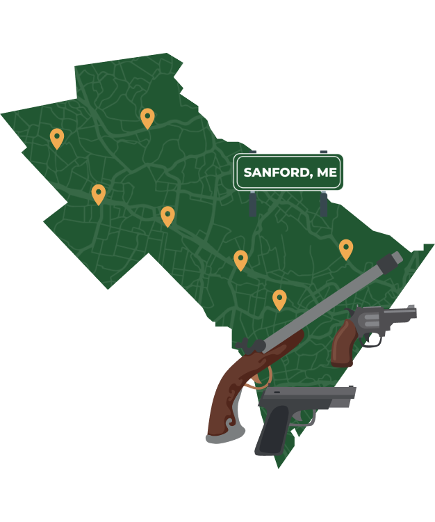 Picture of Sanford, Maine City Map with Sanford sign on it and places that we buy guns from.