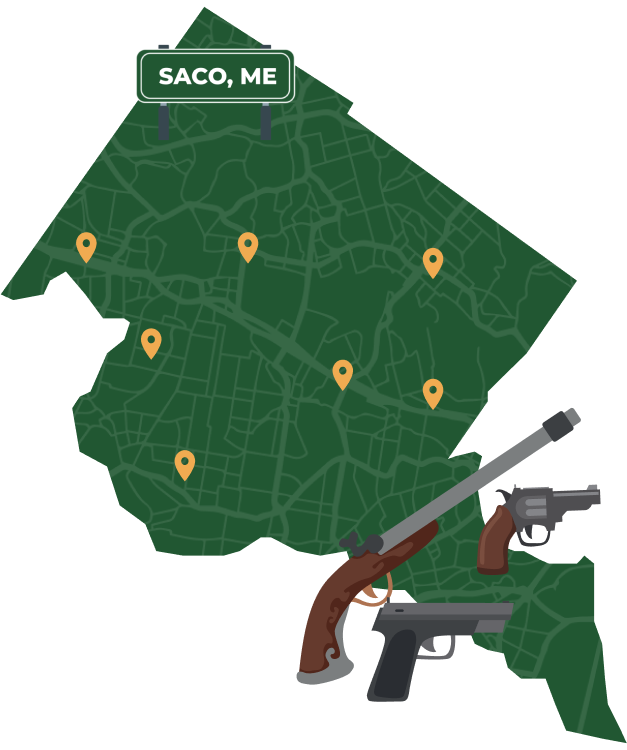 Picture of Saco, Maine City Map with Saco sign on it and places that we buy guns from.