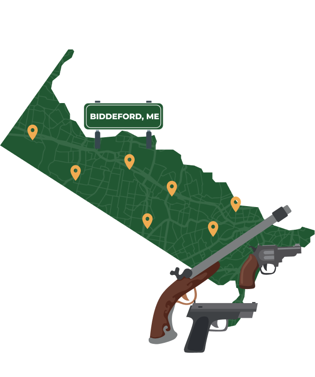 Picture of Biddeford, Maine City Map with Biddeford sign on it and places that we buy guns from.