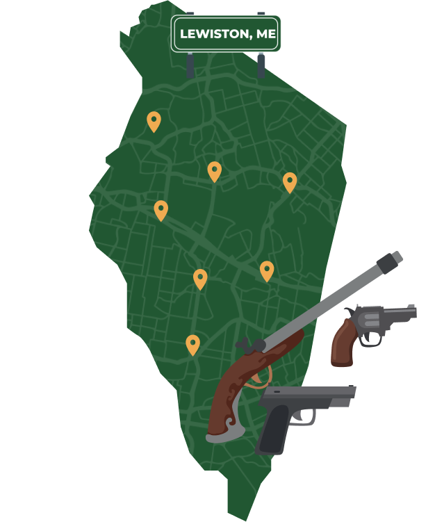 Picture of Lewiston, Maine City Map with Lewiston sign on it and places that we buy guns from.
