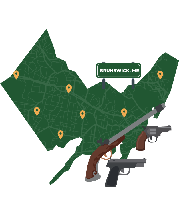 Picture of Brunswick, Maine City Map with Brunswick sign on it and places that we buy guns from.