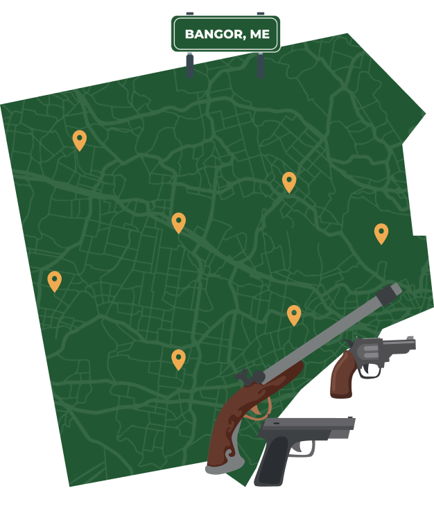 Picture of Bangor, Maine City Map with Bangor sign on it and places that we buy guns from.