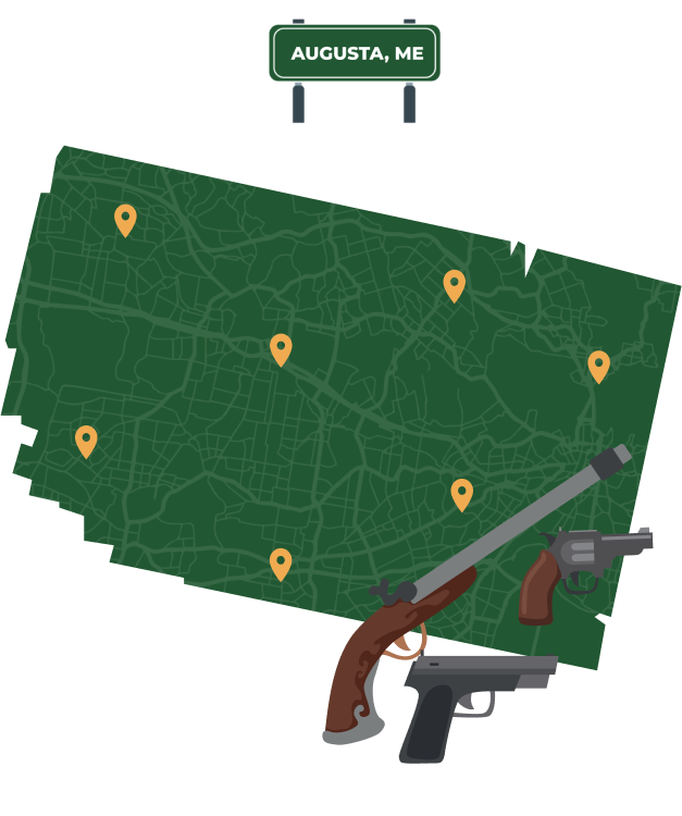 Picture of Augusta, Maine City Map with Augusta sign on it and places that we buy guns from.