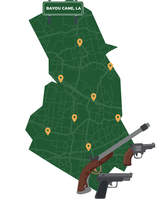 Picture of Bayou Cane, Louisiana City Map with Bayou Cane sign on it and places that we buy guns from.