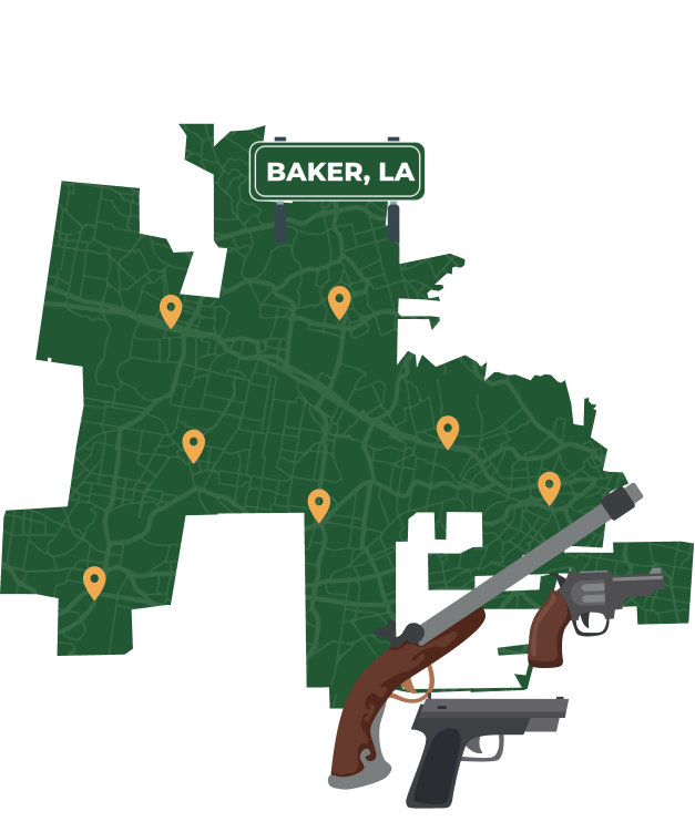 Picture of Baker, Louisiana City Map with Baker sign on it and places that we buy guns from.