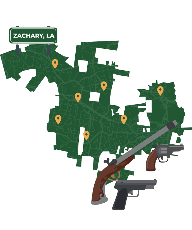 Picture of Zachary, Louisiana City Map with Zachary sign on it and places that we buy guns from.