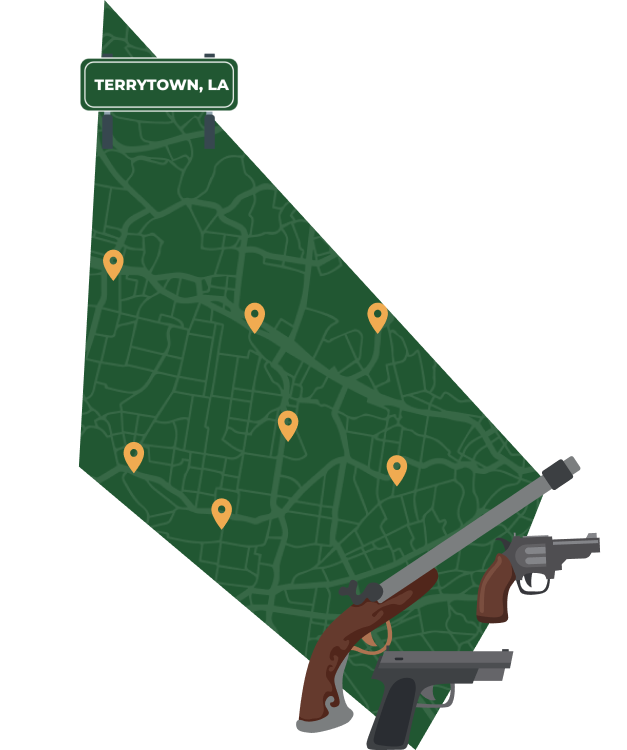 State map with Terrytown, Louisiana highlighted, showing that Cash for Arms purchases guns in Terrytown