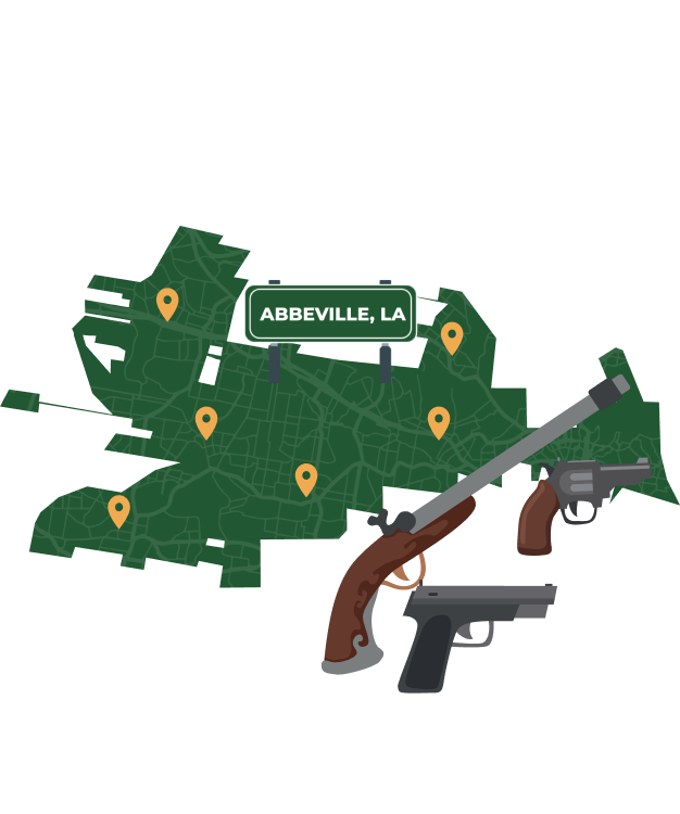 Picture of Abbeville, Louisiana City Map with Abbeville sign on it and places that we buy guns from.