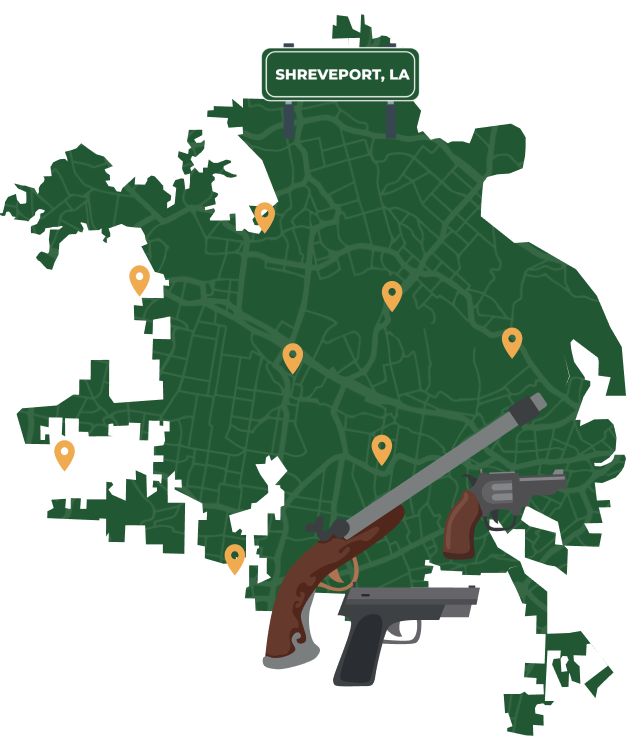 Picture of Shreveport, Louisiana City Map with Shreveport sign on it and places that we buy guns from.
