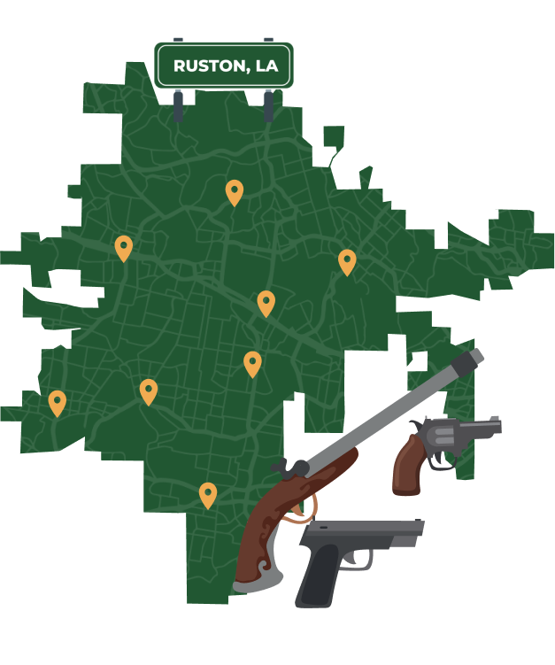 Picture of Ruston, Louisiana City Map with Ruston sign on it and places that we buy guns from.