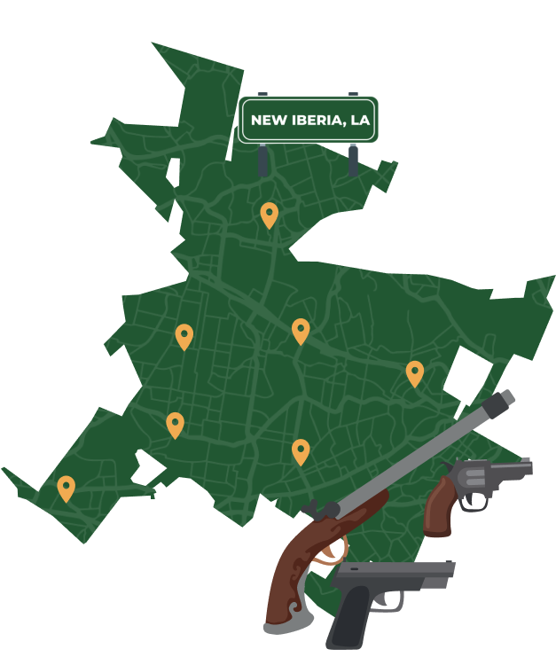 Picture of New Iberia, Louisiana City Map with New Iberia sign on it and places that we buy guns from.