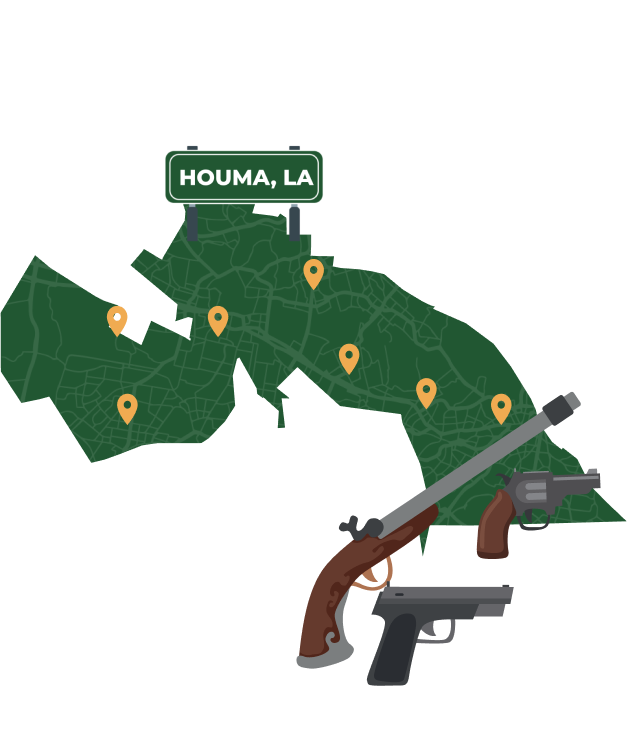 Picture of Houma, Louisiana City Map with Houma sign on it and places that we buy guns from.