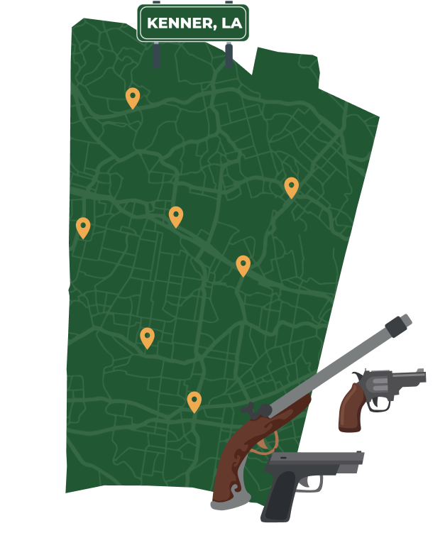Picture of Kenner, Louisiana City Map with Kenner sign on it and places that we buy guns from.