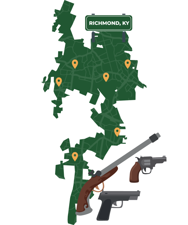 Picture of Richmond, Kentucky City Map with Richmond sign on it and places that we buy guns from.