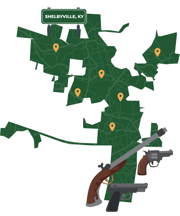 Picture of Shelbyville, Kentucky City Map with Shelbyville sign on it and places that we buy guns from.