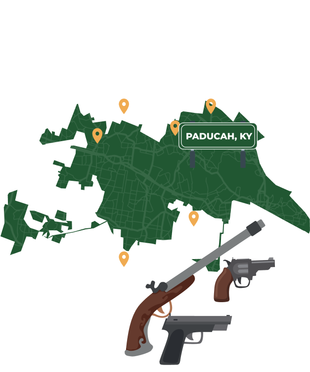 Picture of Paducah, Kentucky City Map with Paducah sign on it and places that we buy guns from.