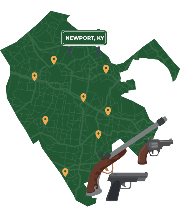 Picture of Newport, Kentucky City Map with Newport sign on it and places that we buy guns from.