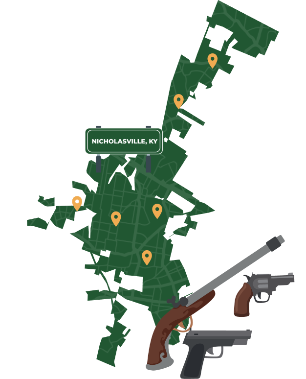Picture of Nicholasville, Kentucky City Map with Nicholasville sign on it and places that we buy guns from.