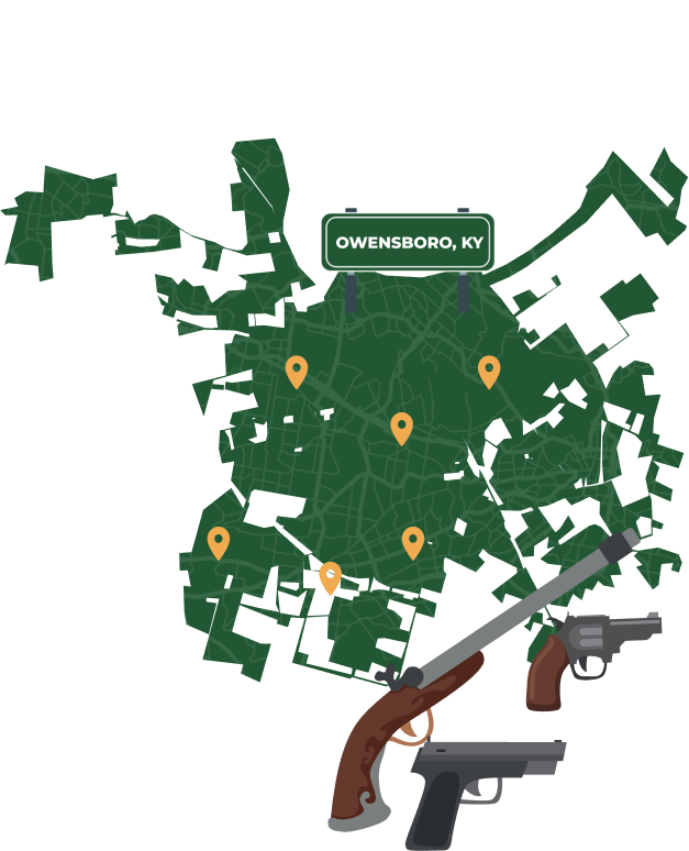 Picture of Owensboro, Kentucky City Map with Owensboro sign on it and places that we buy guns from.