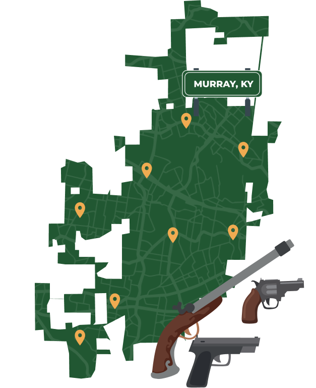 Picture of Murray, Kentucky City Map with Murray sign on it and places that we buy guns from.