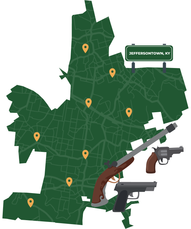 Picture of Jeffersontown, Kentucky City Map with Jeffersontown sign on it and places that we buy guns from.