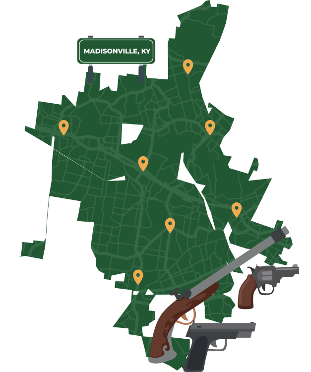 Picture of Madisonville, Kentucky City Map with Madisonville sign on it and places that we buy guns from.