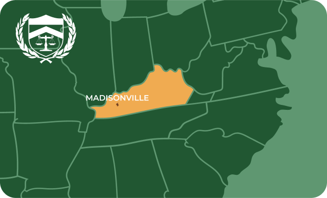 State map with Madisonville, Kentucky highlighted, showing that Cash for Arms purchases guns in Madisonville