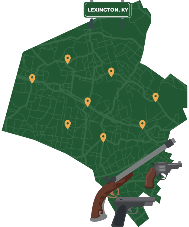 Picture of Lexington, Kentucky City Map with Lexington sign on it and places that we buy guns from.