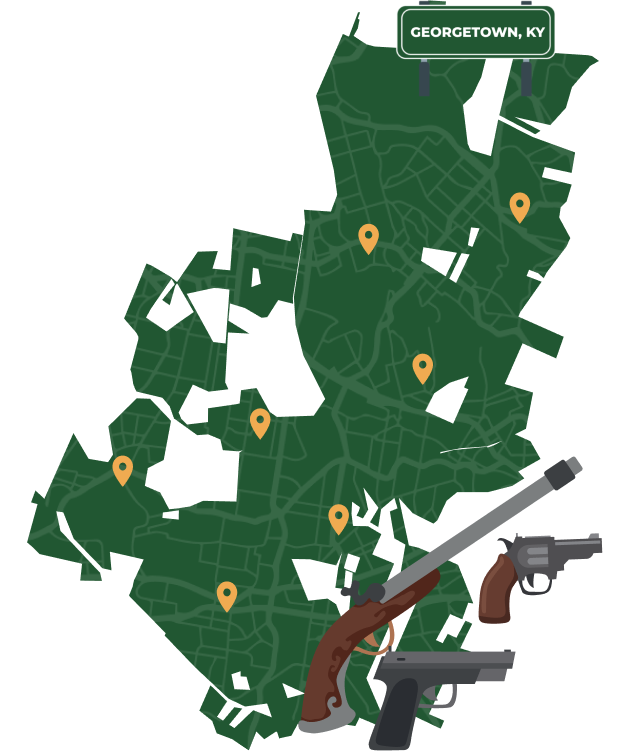 Picture of Georgetown, Kentucky City Map with Georgetown sign on it and places that we buy guns from.